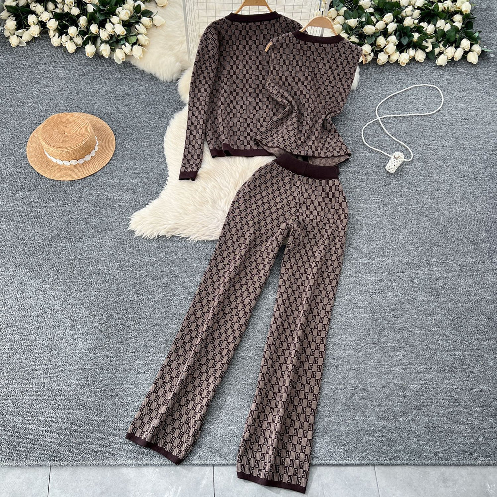 Fashion retro jacquard suit women's small fragrant style sleeveless knitting waistcoat sweatercardiganoutwear wide leg pants