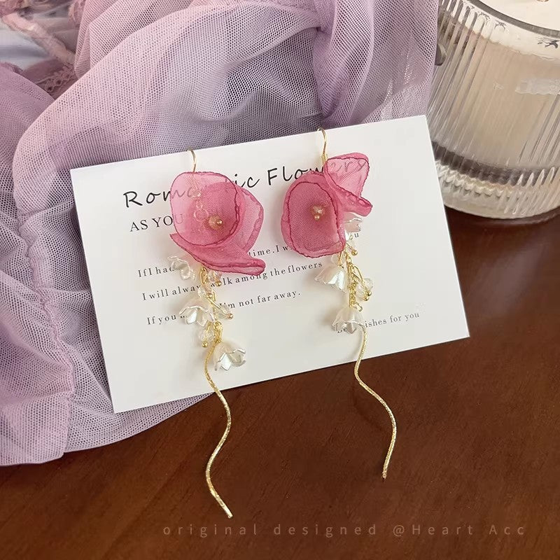 Pink tulle flower tassel earrings - women's french riviera style long earrings - unique design statement earrings