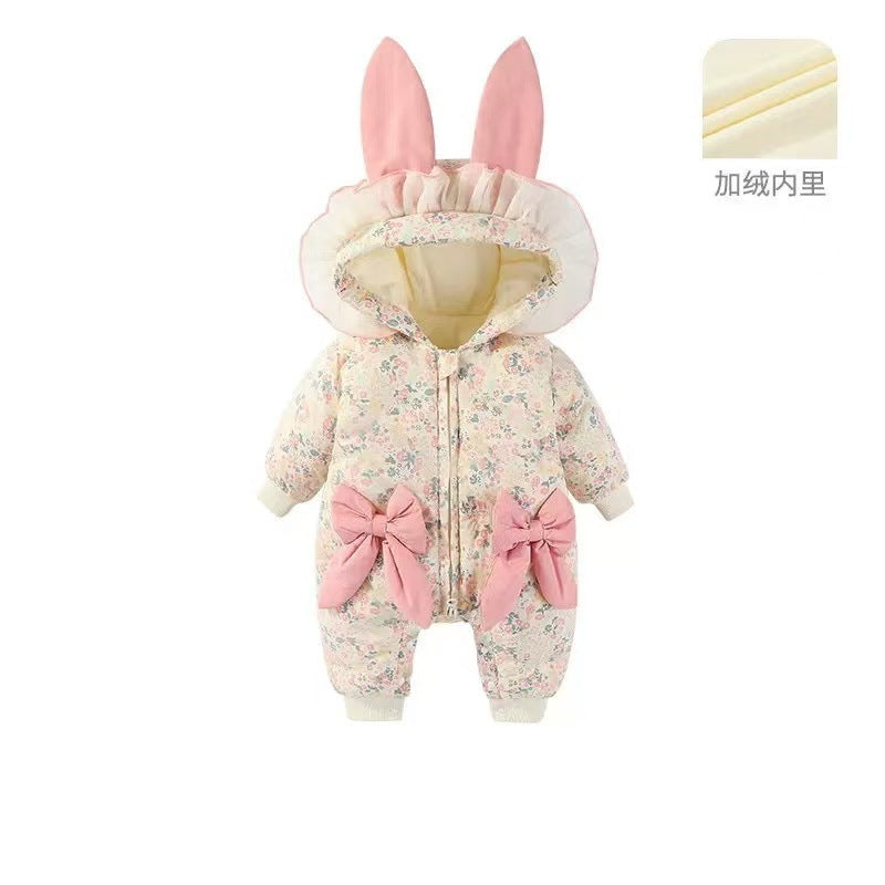 Baby girl winter fashionable and cute romper, outing cotton-padded jumpsuit, infant winter fleece-lined thickened outing onesie