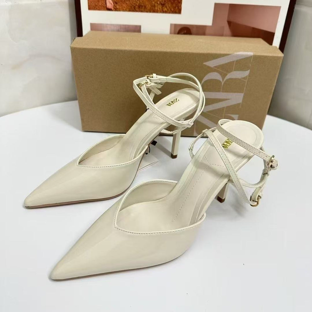 Za2025spring new product patent leather effect strap pointed toe high heel open heel stiletto mule shoes toe cap back hollow sandals