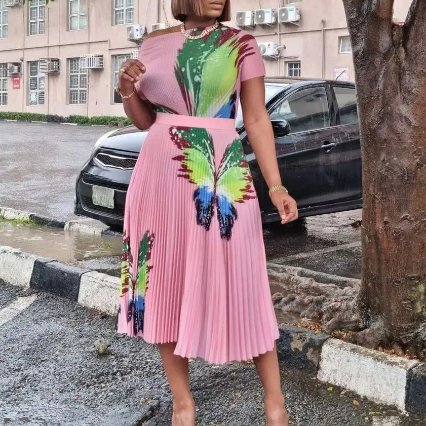 D298exportplus size women's summer fashionelegantprinting short-sleeved tops pleated large hem skirt africansuit