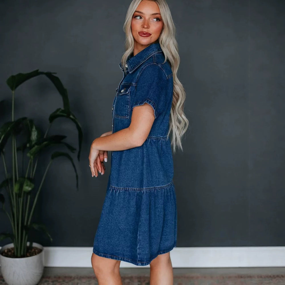 Amazon fashion independent station   fashion short sleeve multi button multi flap pocket pants skirt denim dress