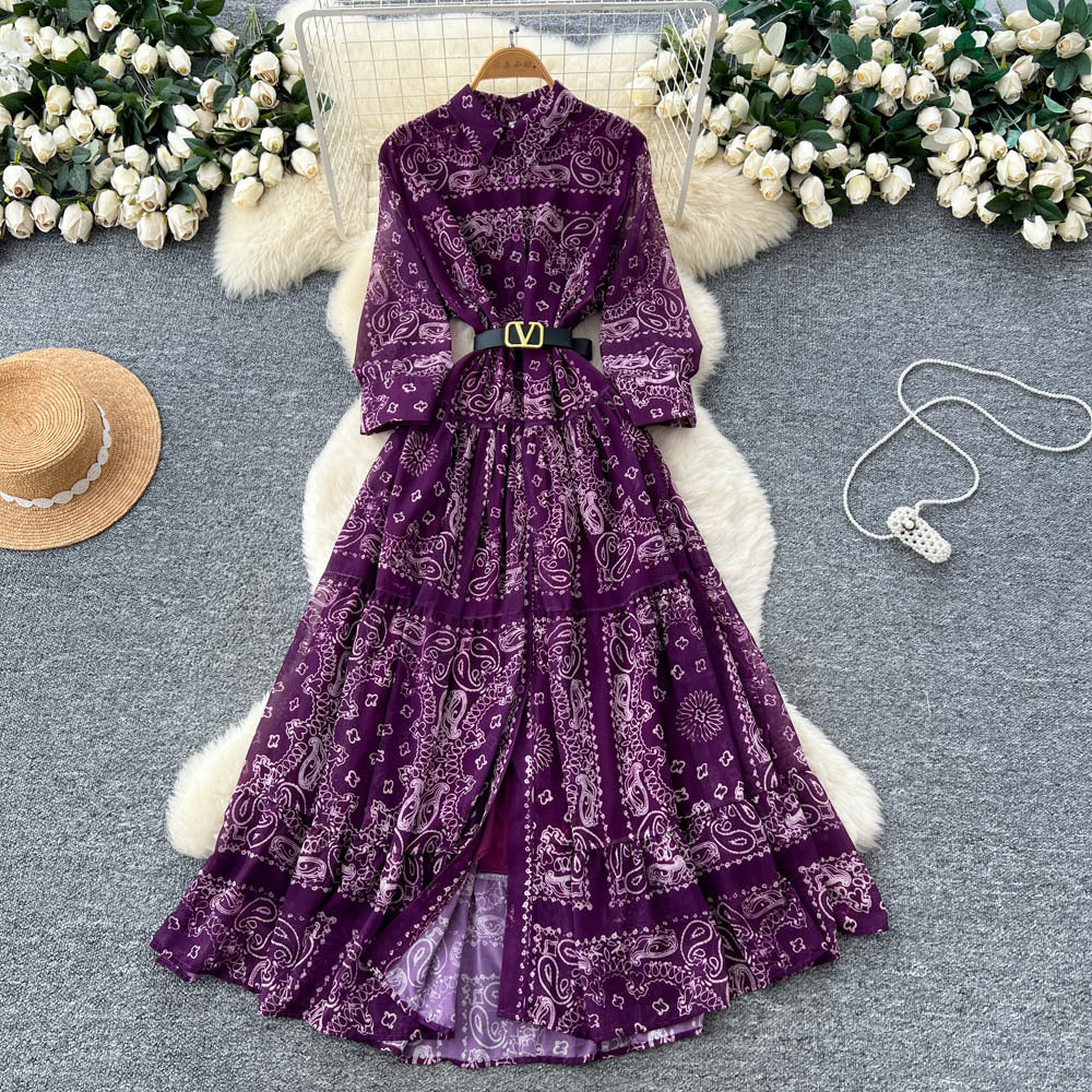 French retro fashion printed long sleeve single-breasted tie-waist dress - women's autumn  high-end maxi dress