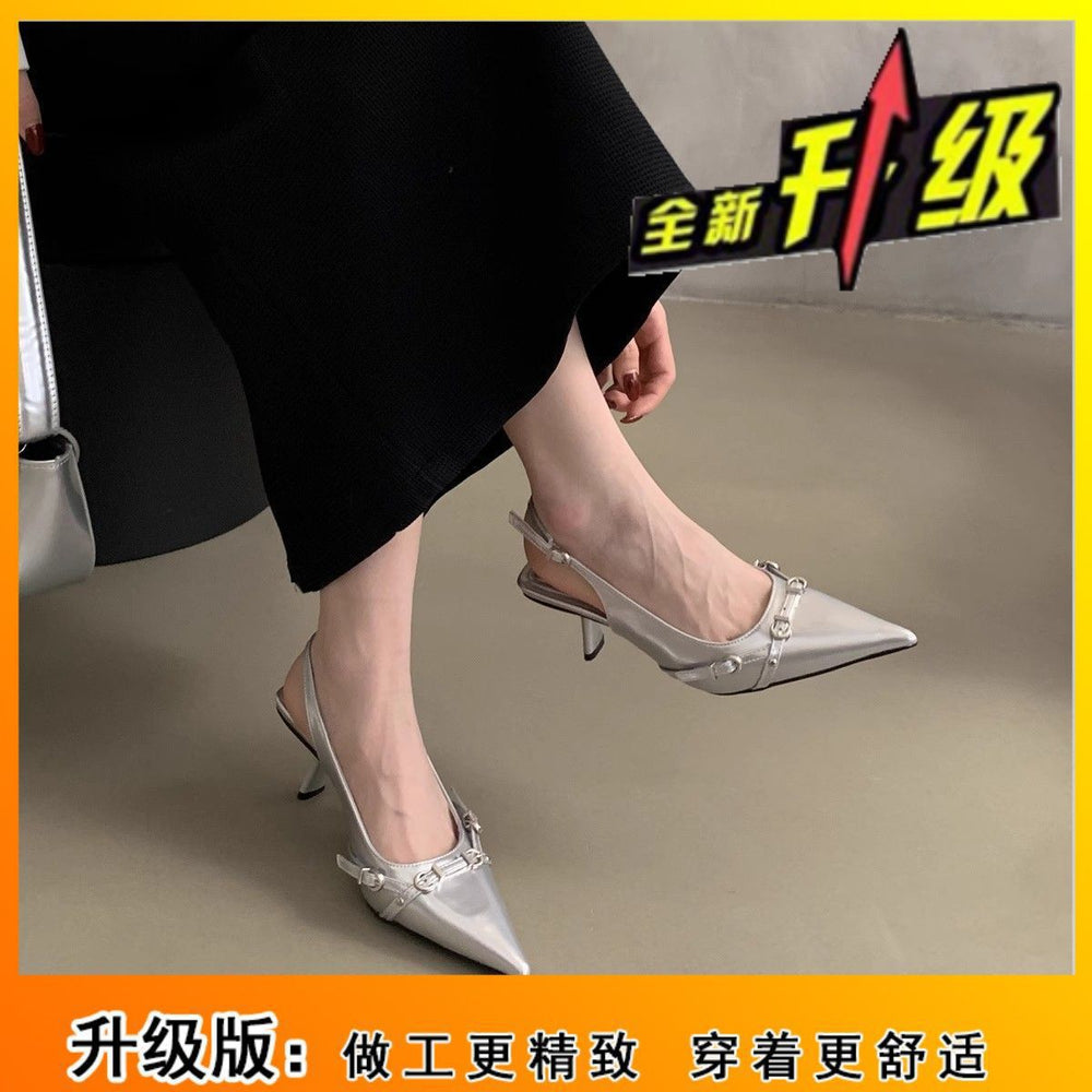 Xiaoxiangfeng black patent leather pointed toe special-shaped heel high-heeled shoes 2024springnew arrival supermodel same style fashion sandals