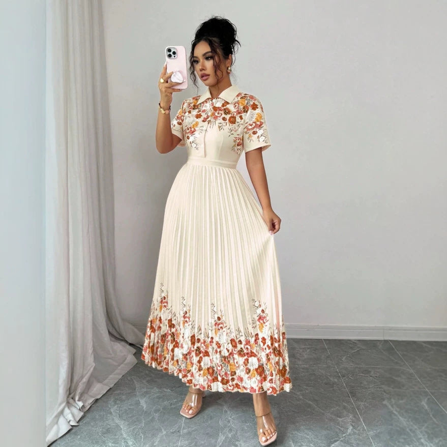 european and american new retro orange blossom patchwork shirt dress with turn-down collar, short sleeves, cinched waist, and long pleated skirt