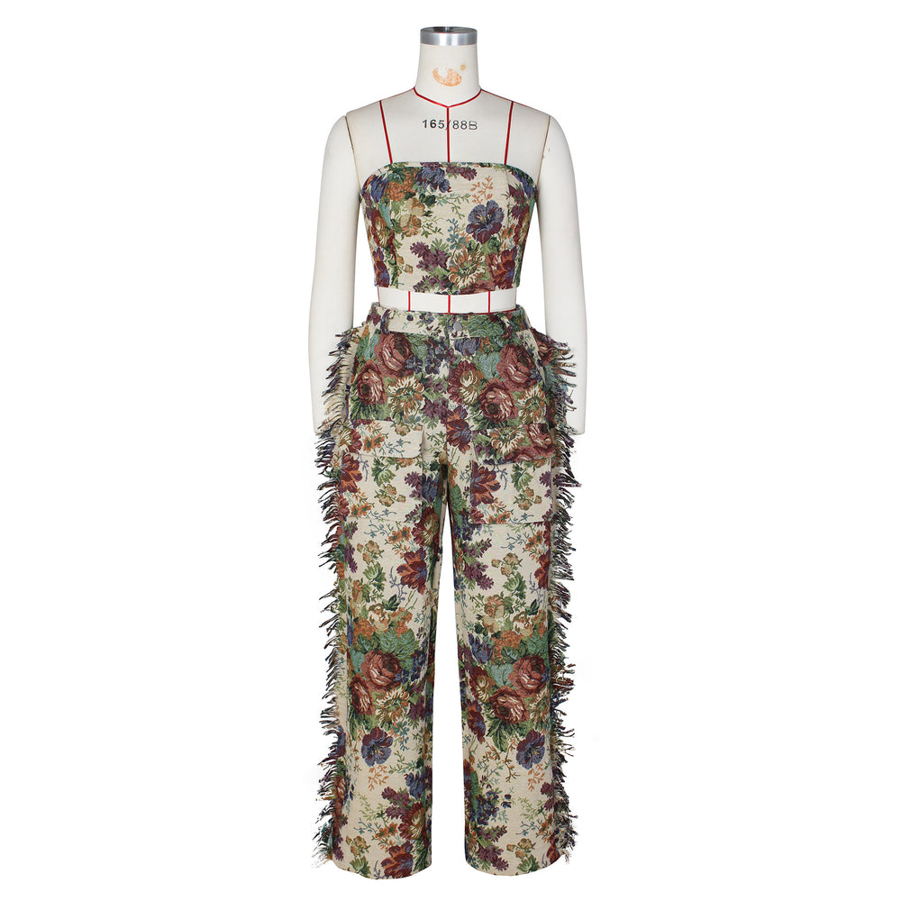 e-commerce: european and american style women's sexy lace-up bandeau top and tassel-trimmed trousers, jacquard fashion set