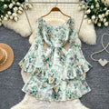 French romantic floral flared sleeve dress - women's spring/autumn cinched waist slimming tiered dress - elegant vacation style