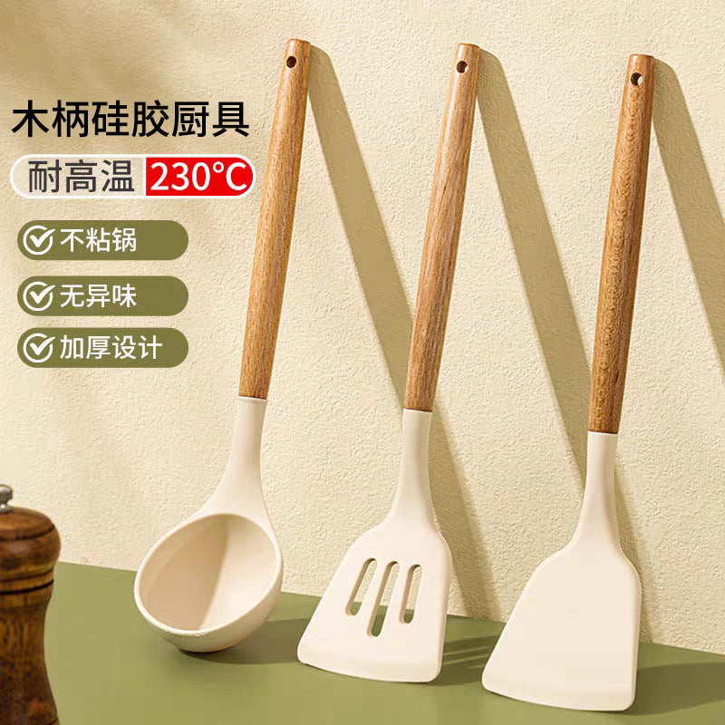 Wooden handle oven mitts silicone spatula high temperature resistant non-stick pan cooking spatula soup spoon frying spatula for home kitchen cooking spatula