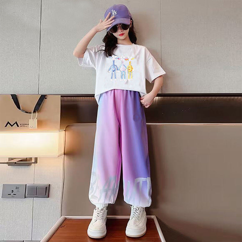 Girls' short-sleeve  summer new collection: long pants & t-shirt two-piece activewear set for girls (mid-to-large size, perfect for sports & school)
