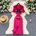 Korean style socialite v-neck knitted dress - women's summer bowknot rhinestone embellished slimming design - stunning elegant long dress