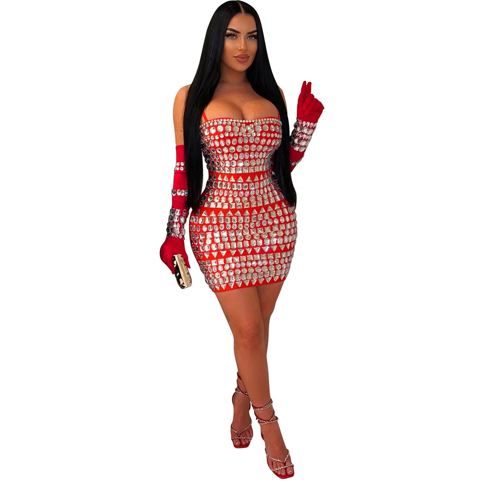 C6888 cross-border   fashion women's hotfix rhinestone sexy camisole gloves maxi dress