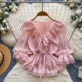 French chic v-neck lace ruffle blouse - women's summer long sleeve tie-waist slimming elegant top