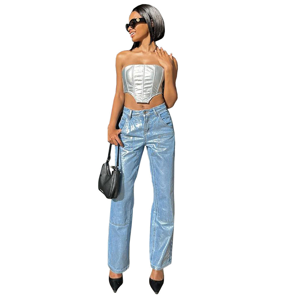 European and american style straight-legjeans  export women's summer street casualhigh waist bronzing casualpants