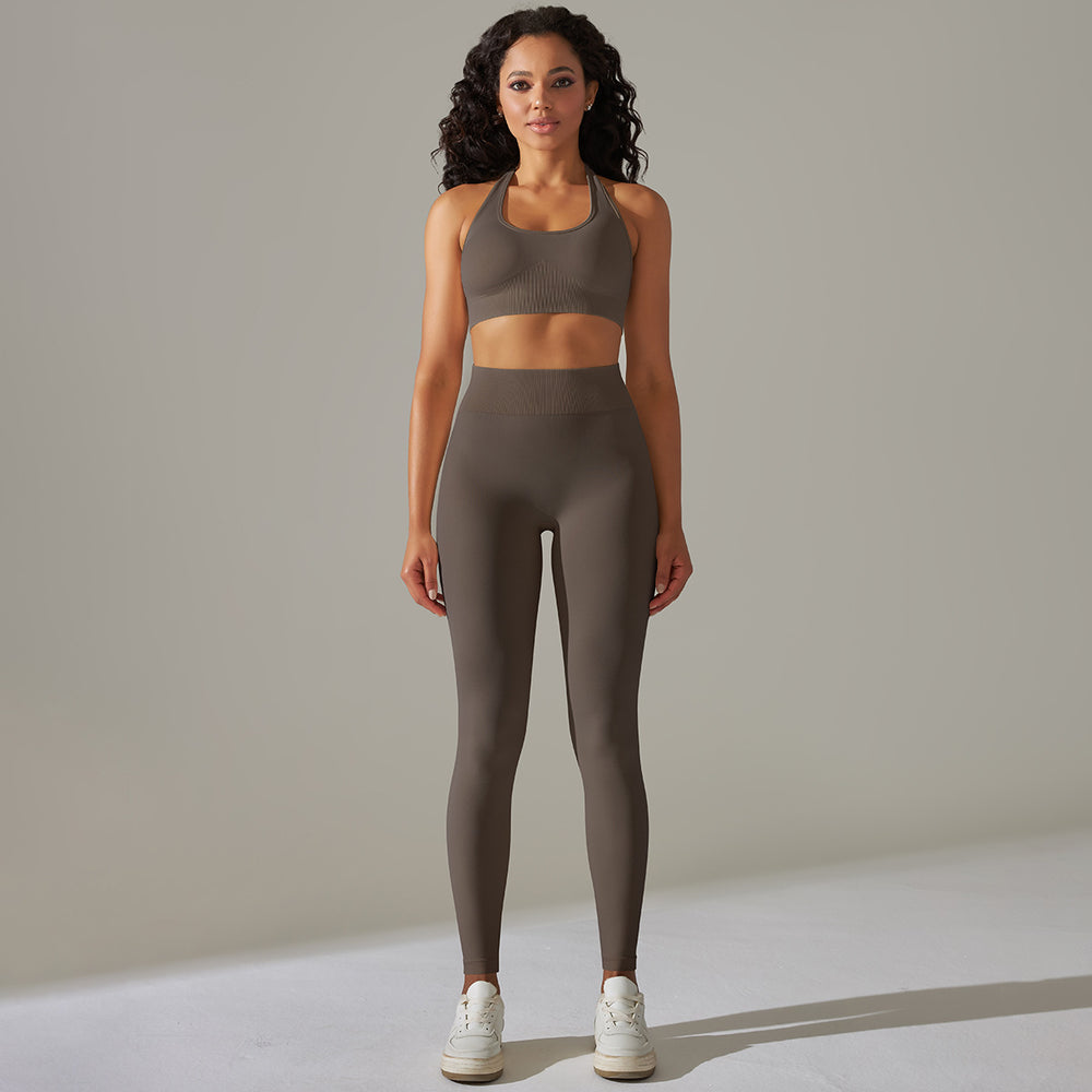 European and american cross-border seamless backless halter sports bra yoga set - fitness bra and yoga pants two-piece set for women