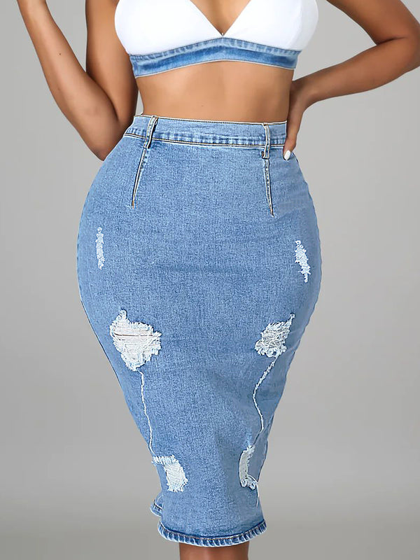 wish European and American denim skirt, street hole sexy tight denim hip skirt women