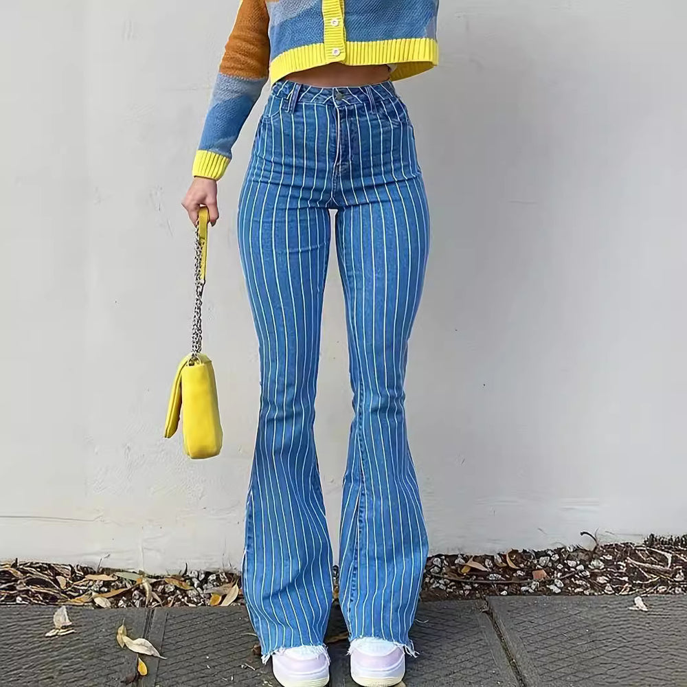 European and american striped denim jeans for women - new arrival, elegant commute style, stretchy micro flare pants, high-waisted raw hem jeans