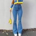 European and american striped denim jeans for women - new arrival, elegant commute style, stretchy micro flare pants, high-waisted raw hem jeans