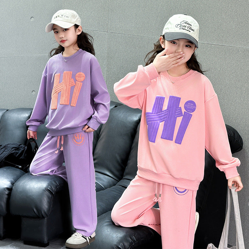 Girls' outfit set, spring/autumn , junior high school girl's clothing, student sweatshirt, spring two-piece set, sports long sleeve casual wear