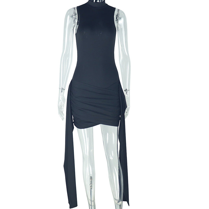 European and american style fashionable women's pleated patchwork tie-up bodycon mini dress - casual solid color stand collar short dress