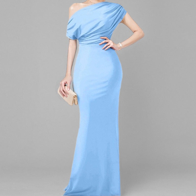 women's summer new arrivals:  cross-border fashion - european & american style, elegant solid color, slim-fit one-shoulder dress