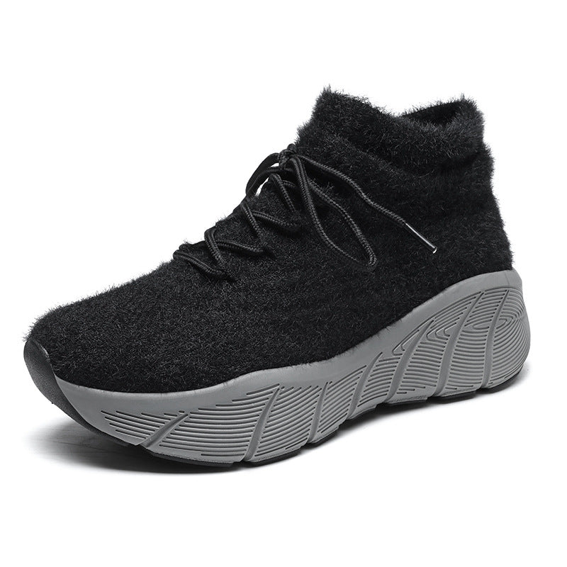 2025 autumn and winter new women's thick line versatile thick sole heightening comfortable stacking fleece casual shoes warm single shoes