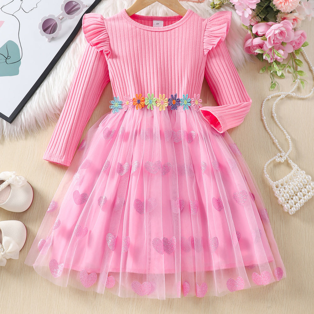 Kids' long-sleeve ribbed knit dress with lace trim and heart-shaped mesh detail