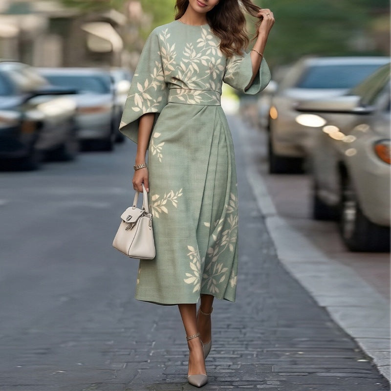summer new arrivals: european and american style women's fashion - elegant printed midi dress with three-quarter sleeves