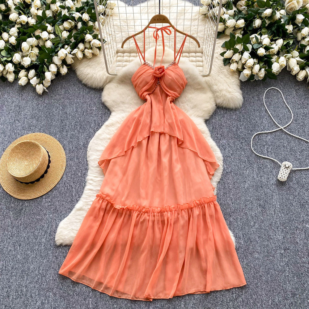 Beach vacation style cami dress - women's summer 3d floral ruffle hem bodycon maxi dress - unique, beautiful, and effortlessly chic