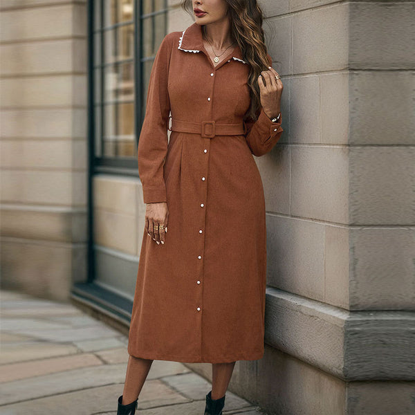 's new  versatile casual elegant retro style lace lapel shirt-style corduroy dress