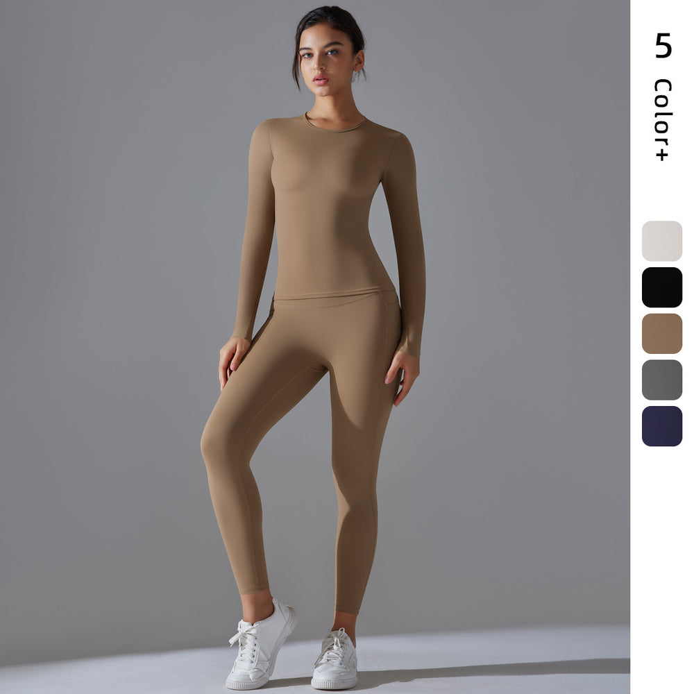 New solid color double-sided brushed breathable high-stretch compression long sleeve yoga set - activewear running fitness two-piece outfit